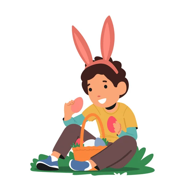 Little Boy Donning Rabbit Ears Picks Brightly Colored Easter Eggs — Vector de stock