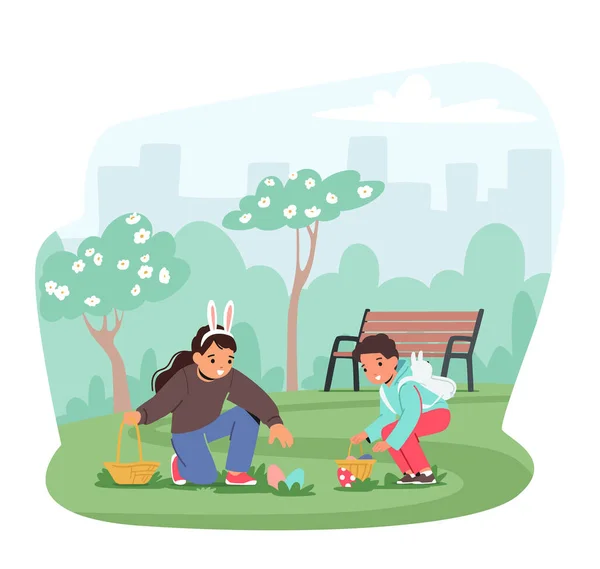Kinderen Speuren Graag Een Park Naar Eieren Met Mand Hand — Stockvector