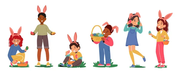Kids Characters Rabbit Ear Headband Joyfully Hunts Easter Eggs Grassy — Stock Vector