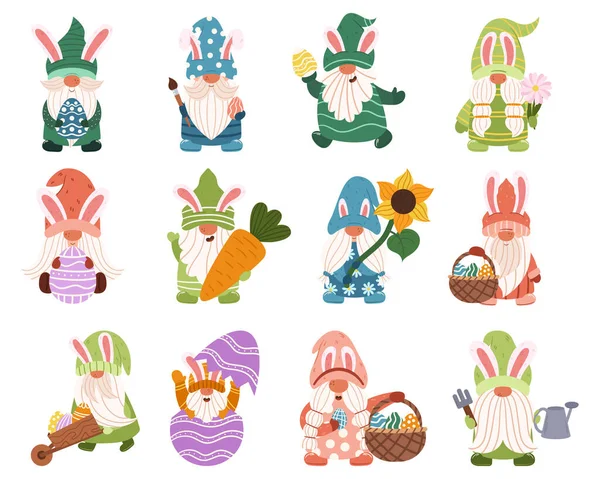 stock vector Set Of Charming Easter Gnomes With Colorful Outfits And Hats, Holding Baskets Of Eggs And Flowers. Image For Easter-themed Decorations, Greeting Cards, Or Gift Items. Cartoon Vector Illustration