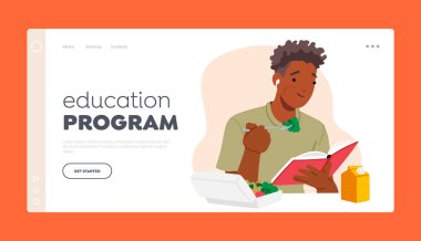 Eğitim Programı İniş Şablonu. Öğrenci Erkek Karakteri Ellerinde Kitapla Masa Yeme Yemeği 'nde. Bilimsel ve Çalışkan Atmosfer kavramı. Çizgi film İnsanları Vektör İllüstrasyonu