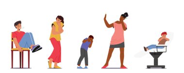 Çocuk ve Yetişkin Karakterleri, Beyaz Arkaplan 'da Enjeksiyon Korkusu, Endişe ve Korku Gösterme Deneyimi. Tıbbi tedavinin reddedilmesi. Çizgi film İnsanları Vektör İllüstrasyonu