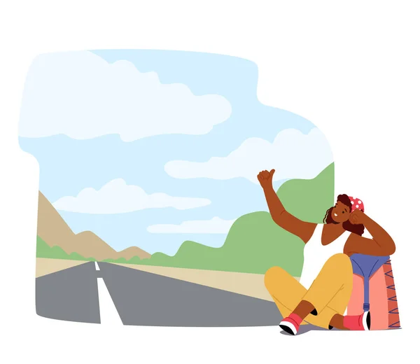 Mujer Viajero Con Mochila Sentada Lado Carretera Con Pulgar Hacia — Vector de stock