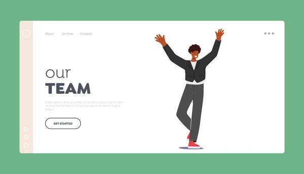 Onze Team Landing Page Template Gelukkige Afrikaanse Mannelijke Karakter Zwaaiende — Stockvector