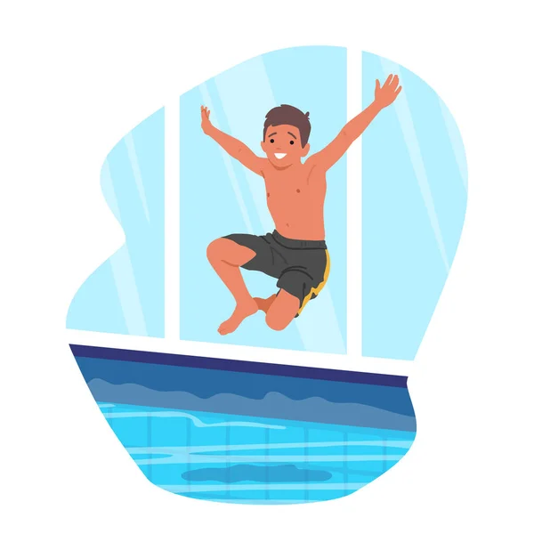 Genç Karakter Kristal Berrak Havuz Suyuna Atlıyor Neşeli Çocuk Neşeyle — Stok Vektör