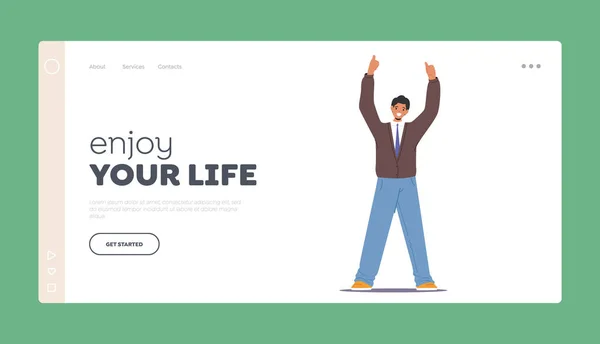 Disfruta Life Landing Page Template Happy Male Character Celebra Éxito — Vector de stock