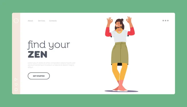 Find your Zen Landing Page Template. Happy Female Character Show Ok Symbol, Woman Show Positive Gesture, Satisfied Cheerful Girl Excited Emotion, Approval Body Language. Cartoon Vector Illustration