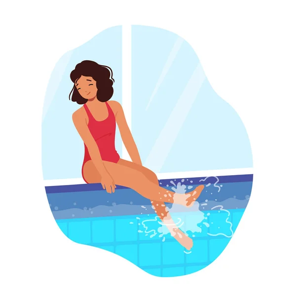 Jong Lachend Meisje Zittend Rand Van Een Fonkelend Zwembad Klaar — Stockvector