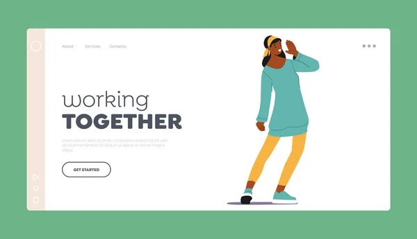 Working Together Landing Page Template. Happy Black Female Character Show Show Positive Gesture, Satisfied Cheerful Woman Excited Emotion, Hello Gesturing Body Language. Cartoon Vector Illustration