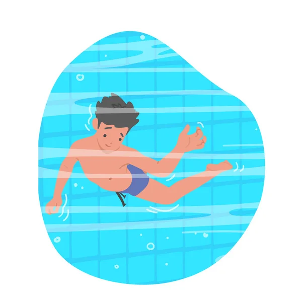 Boy Float In Clear Blue Water Of Pool With Serene Expression On His Face. Child Character Relax in Peaceful Atmosphere during Weekend Recreation or Summer Holidays. Cartoon People Vector Illustration
