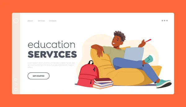Education Services Landing Page Template Relaxed Student Male Character Sitting — Stock Vector