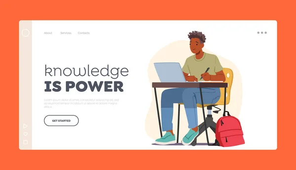 Wiedza Jest Power Landing Page Template Mężczyzna Student Postać Siedzi — Wektor stockowy