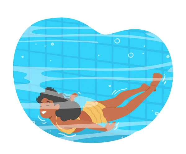 Kleine Mädchenfigur Paddelt Durch Das Schimmernde Wasser Des Swimmingpools Ihr — Stockvektor