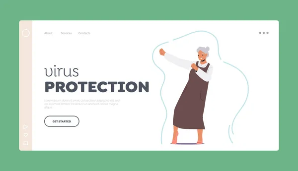 Modèle Page Atterrissage Protection Contre Les Virus Caractère Féminin Sénior — Image vectorielle