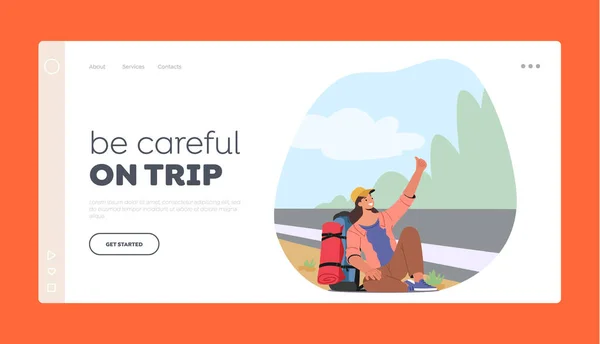Freedom Outdoor Travel Landing Page Template 캐릭터 히치하 모습은 늘어진 — 스톡 벡터
