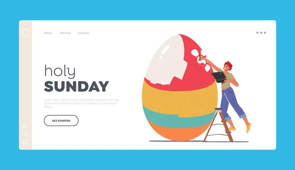 stock vector Holy Sunday Landing Page Template. Happy Woman Prepare for Easter Spring Holiday Celebration. Tiny Female Character Stand on Ladder Decorate and Painting Huge Easter Egg. Cartoon Vector Illustration