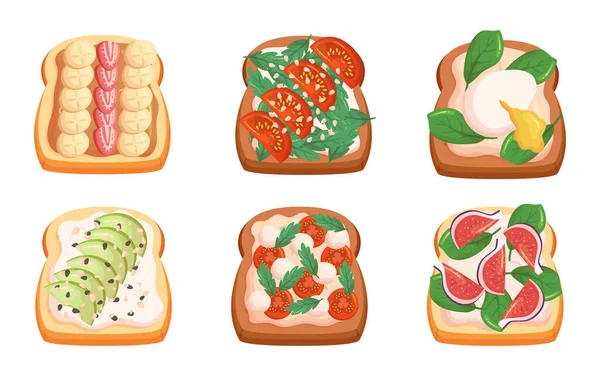 샌드위치 Sandwiches Set Set Features Different Fillings 토마토 Mozzarela Greenery — 스톡 벡터
