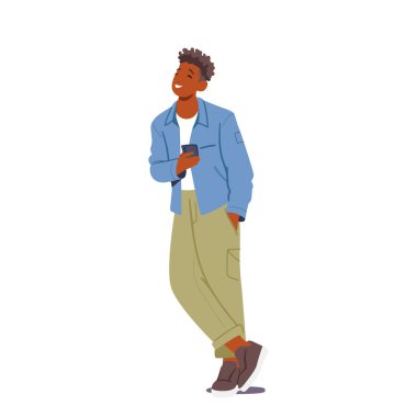 Akıllı Telefonu Tutan Genç Adam ve İçeriği Ekranda Kaydıran. Sosyal Medya, Teknoloji ya da Erkek Karakterle İletişim İlgili Terfiler Konsepti. Çizgi film İnsanları Vektör İllüstrasyonu