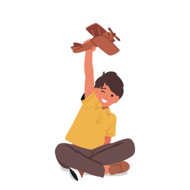 Küçük çocuk bir uçak oyuncağıyla oynarken gözleri maceranın heyecanını yansıtıyordu. Çocukluk Keyfi ve Çocuk Kitapları İçin Mucize kavramı ya da Macerayla İlgili Temalar. Çizgi film Vektör İllüstrasyonu