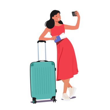 Bavul tutan genç bir kadın ve biletler telefonuyla bir selfie çekiyor. Bir yolculuğa çıkmak ve hatıraları yakalamak için hazırda bekliyor. Dünyayı Gezinti, Seyahat, Seyahat. Çizgi film Vektör İllüstrasyonu