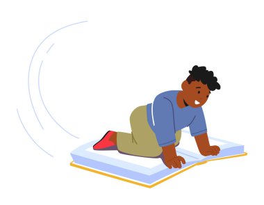 Çocuk, yüzünde bir merak ve heyecanla havada süzülen kocaman bir kitabın üzerinde uçuyor. Eğitici ya da yaratıcı kavram, öğrenme ve keşfetme heyecanı. Çizgi film Vektör İllüstrasyonu