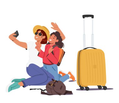 Anne ve kızı valizlerin yanında selfie çekiyorlar. Seyahat anılarını eğlenceli ve heyecan verici bir şekilde yakalıyorlar. Seyahat aksesuarlarını veya tatil paketlerini tanıtan karakterler. Çizgi film Vektör İllüstrasyonu