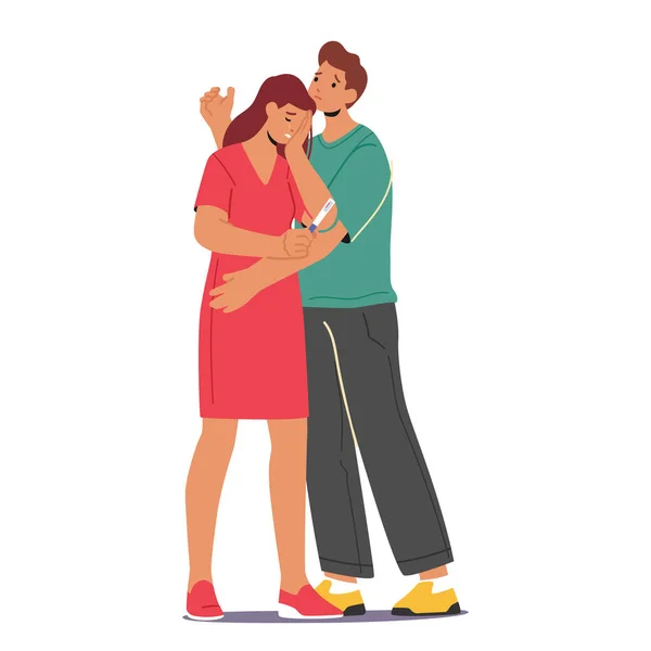 男は彼女の横に立っている間に負の妊娠テストを保持している女性と描かれた不幸なカップル 肥沃なまたは関係に関連するコンテンツの概念 漫画人ベクトルイラスト — ストックベクタ