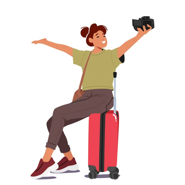 彼女の荷物スーツケースに座って自撮りを取って陽気な女性 スタイルでの旅を記録 休暇中の女性キャラクター パッケージ共有写真とブロガー旅行者 漫画ベクターイラスト — ストックベクタ