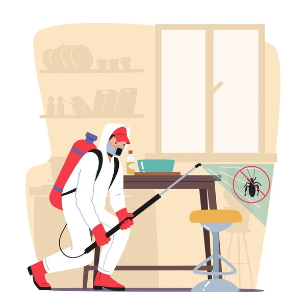 Pest Control Service Office Exterminator Spraying Insecticide Setting Traps Inspecting — Stock Vector