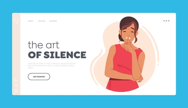 Art Silence Landing Page Template Ženská Postava Ukazující Gesto Ticha — Stockový vektor