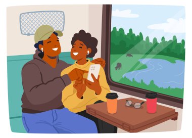 Genç adam ve kadın tren vagonunda oturmuş akıllı telefon ekranına bakarak sohbet ediyorlar. Konfor ve Yakınlık Konsepti Seyahat, Ulaşım veya Romantik Temalar. Çizgi film Vektör İllüstrasyonu