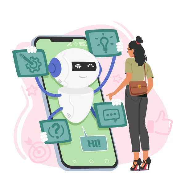 女性角色通过其手机上的聊天机器人服务与聊天机器人互动 以方便用户的方式解决查询或获取信息 熟练的技术 电子商务 卡通矢量图解 — 图库矢量图片