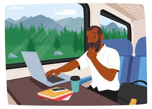 Человек Ноутбуком Время Поездки Поезде Кажется Сосредоточенным Продуктивным Несмотря Движущуюся — стоковый вектор