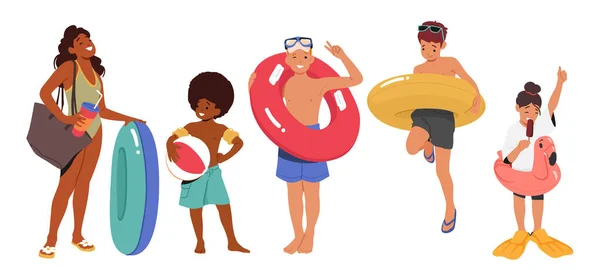 Děti Stojící Nafukovacími Kroužky Pro Hraní Bazénu Kids Characters Express — Stockový vektor