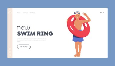Yeni Yüzme Yüzüğü İniş Şablonu. Çocuk yüzme havuzunda ya da plajda oynamak için şişme yüzük hazır. Görüntü, kaygısız bir yaz anını betimliyor. Çizgi film Vektör İllüstrasyonu