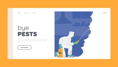 Sağlıklı Yaşam Ortamı İniş Şablonu. Böcekleri, böcekleri ve termitleri hastalıkların yayılmasını saptayıp yok eden bir ev için haşere kontrol servisi. Çizgi film Vektör İllüstrasyonu
