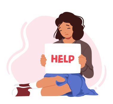 Genç Kız Karakteri Aile İçi Şiddet Konusunu Anlatan Yardım Bayrağını Tutuyor. Görüntü, Aile İçi İstismardan Kurtulan Kurtulabilenlere Bilinci Artır ve Desteği Arttır. Çizgi film İnsanları Vektör İllüstrasyonu