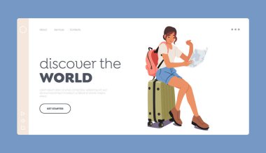 Dünya İniş Sayfa Şablonu 'nu keşfedin. Çantanın üzerinde oturan genç bir kadın elinde macerasını planlayan bir harita tutuyor. Seyahat İçeriği ya da Günlük için resim ideali. Çizgi film Vektör İllüstrasyonu