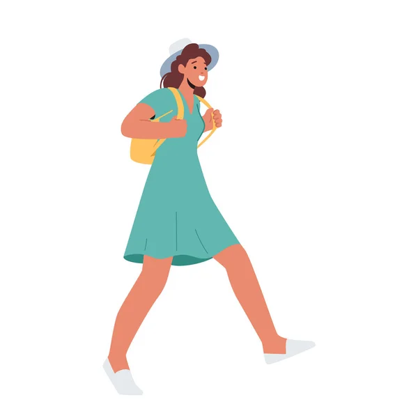Νεαρή Τουριστική Γυναίκα Χαρακτήρας Περπάτημα Σακίδιο Απομονωμένο Λευκό Φόντο Εικόνα — Διανυσματικό Αρχείο