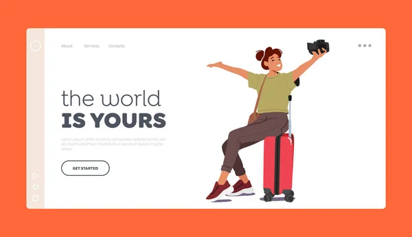 Plantilla Landing Page Vacaciones Mujer Alegre Tomando Una Selfie Sentada — Vector de stock