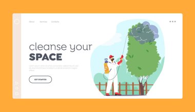 Garden Landing Page Şablonu 'ndaki Haşere Kontrol Servisi. İşçi dışarıdaki böcekleri ve kemirgenleri temizlemek için spreyleme teknikleri kullanıyor. Karakter, hasarı önlemek için ilaç kullanır. Çizgi film Vektör İllüstrasyonu