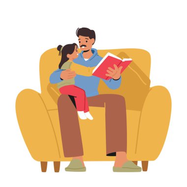 Baba, küçük kızına kitap okuyor, rahat bir koltukta oturuyor. Görüntü sıcaklığı, aile bağlarını ve aile karakterleriyle masal anlatmanın neşesini çağrıştırıyor. Çizgi film İnsanları Vektör İllüstrasyonu