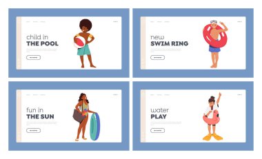 Aile Yaz Tatili İniş Şablonu. Yüzme havuzunda oynamak için şişme yüzüklerle ayakta duran çocuklar. Çocuk Karakterler, Çocukluğun Kaygısız Ruhu 'nu ifade eder. Çizgi film Vektör İllüstrasyonu