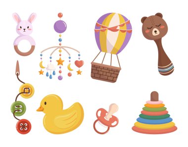 Renkli ve oyuncu bebek oyuncakları ve eşyalar. Çıngırak, diş çıkarma yüzüğü, hava balonu, plastik ördek ve bebek partisi davetiyeleri için emzik ya da bebek ürünleri satmak. Çizgi film Vektör İllüstrasyonu