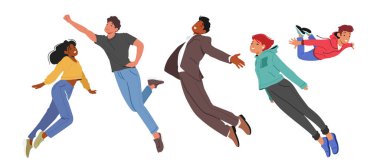 Erkek ve Kadın Karakterler Neşelendirici Özgürlükle Uzanmış Kollarıyla Gökyüzünde Uçar. 