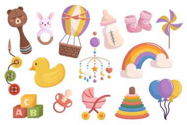 Çeşitli bebek oyuncakları koleksiyonu ve eğlence sağlayan ve geliştirmeyi teşvik eden eşyalar. Çıngırak, Piramit, Diş Yüzükleri, Ebeveynlik Küpleri veya Bebekle İlgili İçerik. Çizgi film Vektör İllüstrasyonu