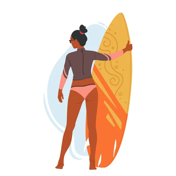 Junge Frau Badeanzug Mit Surfbrett Den Händen Strand Stehend Rückansicht — Stockvektor