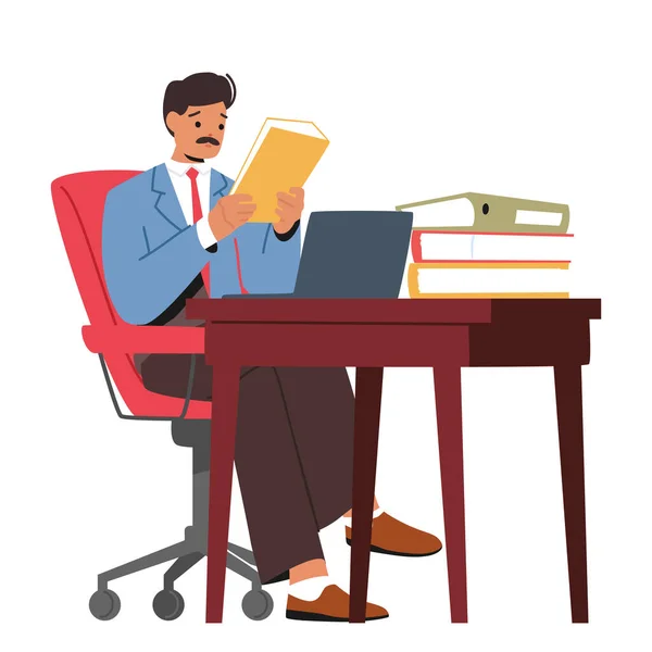 Personagem Homem Ocupado Sentado Uma Mesa Escritório Cercado Por Papéis — Vetor de Stock