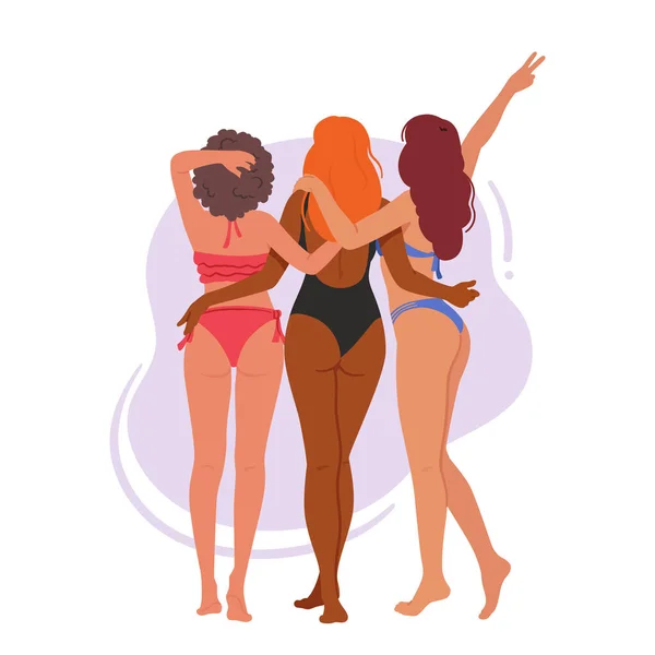 Три Жінки Друзі Купальниках Стоять Разом Пляжі Ззаду Зображення Просування — стоковий вектор
