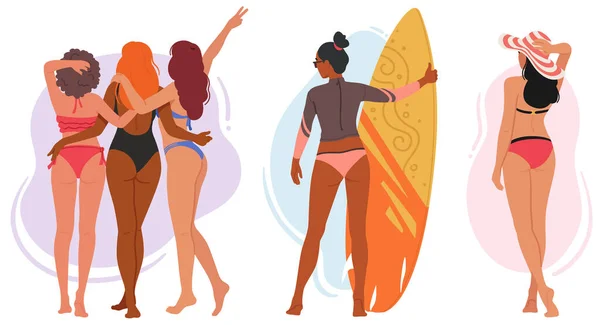 身着泳衣站在海滩观景的女性角色 形象捕捉到女性身体的美丽 可用于时尚 旅行或度假内容 卡通人物矢量图解 — 图库矢量图片